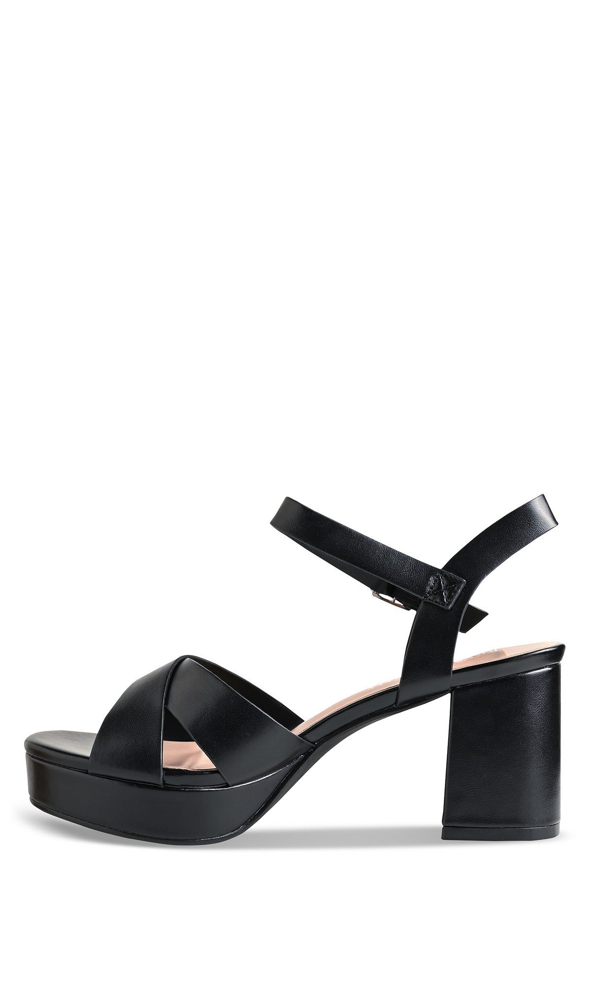 Toby Black Prom Shoes: Touch Ups 4765 feature black faux leather, an open toe, crisscross front straps, a chunky block heel, plus an ankle strap with buckle closure—perfect for prom.